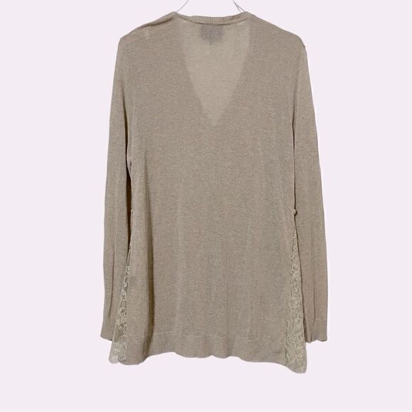 Hotel Particulier Lace-Accented V-Neck Long Cardigan Tan Khaki Color Size Medium - Picture 2 of 7